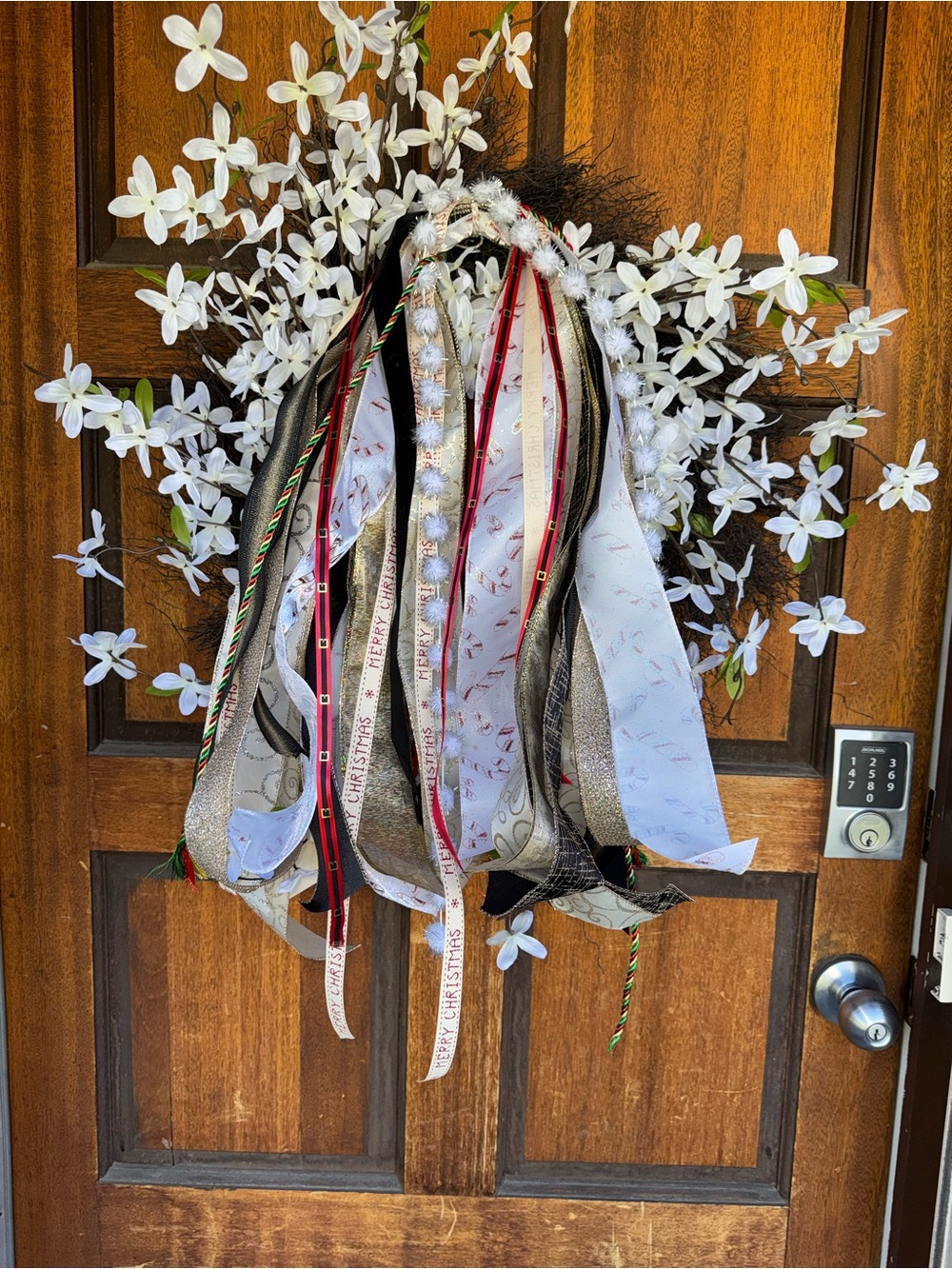 Holiday Ribbon and Floral Door Wreath - White & Red Accents - Christmas- Holiday